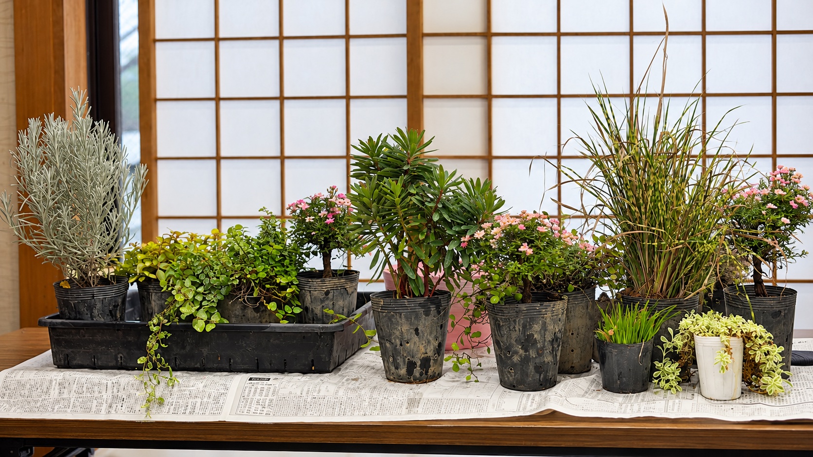 講習会の会場で机に並べられた鉢植え